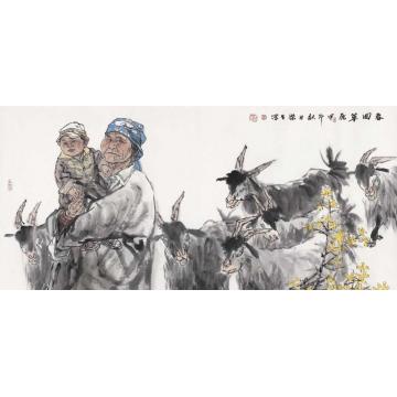 周荣生国画人物春回草原字画之家