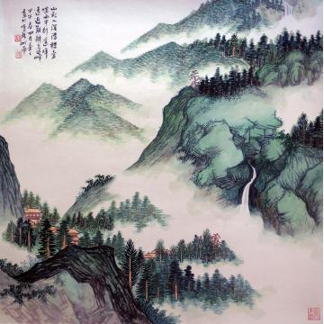 陈强国画山水楼台烟雨中字画之家