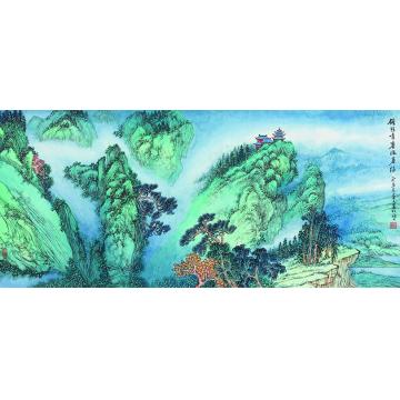 陈强国画山水钟鼓鸣銮涨春绿50×136 cm2015年字画之家