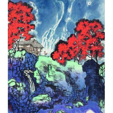 陈强国画山水屋前红树映飞泉60×68 cm2015年字画之家
