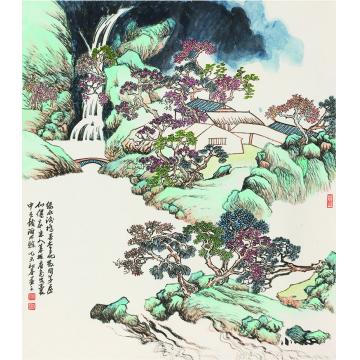 陈强国画山水绿水浅桥夹杏花60×68 cm2015年字画之家