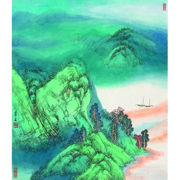 陈强国画山水春雨沙洲桃花渡60×68 cm2015年字画之家