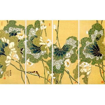 何百明国画花鸟金色荷塘（四条屏）字画之家