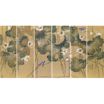 何百明国画花鸟金色荷塘（六条屏）字画之家