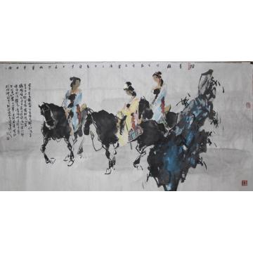 张青渠国画人物踏青图 68X136 2013字画之家