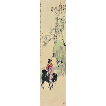 张青渠国画人物黑马丽人四条屏之一  梅  136X34 2013字画之家