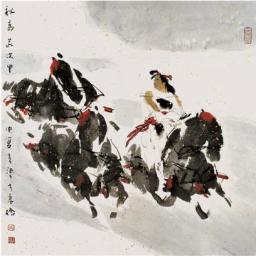 张青渠国画人物秋高图  69X69cm  2003字画之家