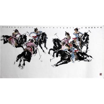 张青渠国画人物唐女马球图68x136 CM 2012字画之家