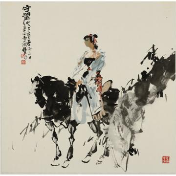 张青渠国画人物守望 68X68CM 2011字画之家