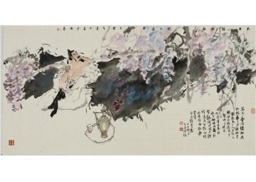 张青渠国画人物花间一壶酒 136X68CM 2014字画之家