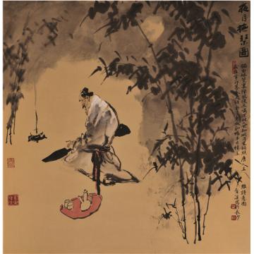 张青渠国画人物夜月抚琴图  68×68cm  2011年 - 复件字画之家