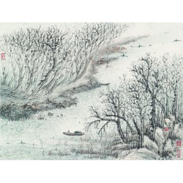 于学波国画山水小河垂钓字画之家