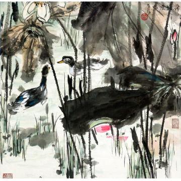 晏济元国画花鸟荷塘双鸭字画之家