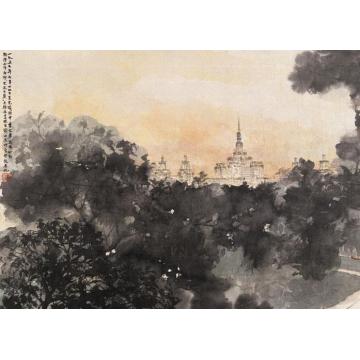 傅抱石油画风景火花大厦雄姿字画之家