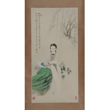 张大千国画人物柳荫仕女图字画之家