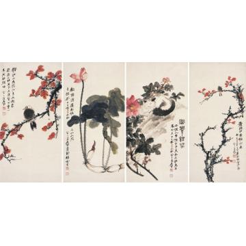 张大千国画花鸟花鸟四屏字画之家