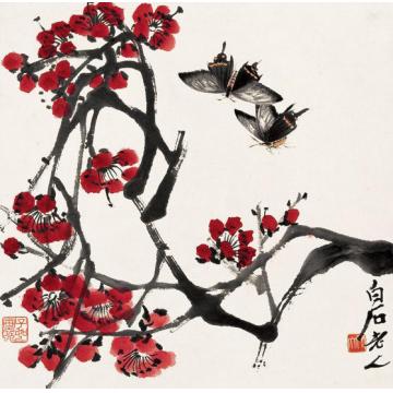 齐白石国画花鸟花卉草虫之红梅双蝶图字画之家