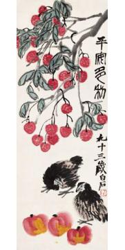 齐白石国画花鸟荔枝鹌鹑图字画之家