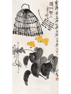 齐白石国画花鸟玉簪鸡雏图字画之家