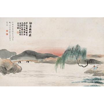 齐白石油画风景石门二十四景图之柳溪晚钓字画之家