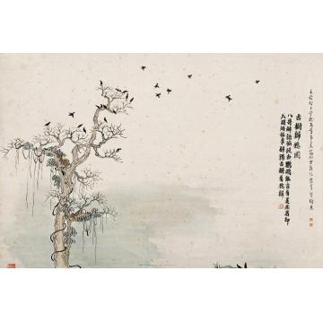 齐白石国画花鸟石门二十四景图之古树归鸦字画之家