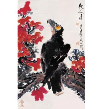 唐云国画花鸟枫鹰图字画之家