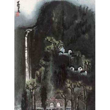 李可染国画山水山村飞瀑字画之家