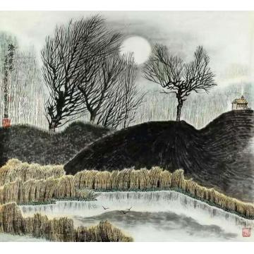 许文邠油画风景鱼塘月色字画之家