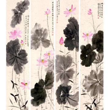 李天旭国画花鸟荷花四条屏字画之家