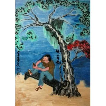 孙建立国画人物玩手机字画之家