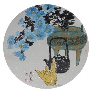 萧艺油画静物佛手缘 茶奉上 落英缤纷花儿香字画之家