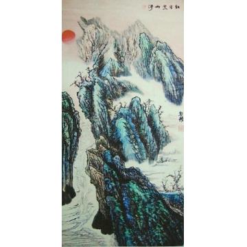 李朝胜国画山水红日照山河字画之家