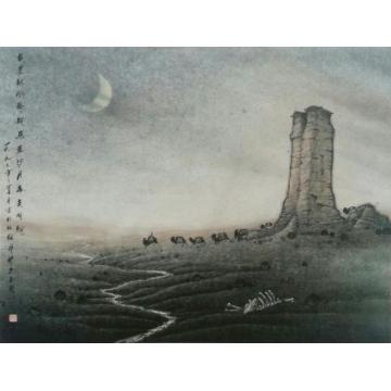 梁玉龙油画风景古道秋风卧战马 黄沙月夜走明驼字画之家
