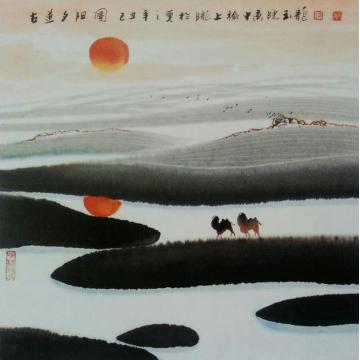 梁玉龙油画风景古道夕阳图字画之家