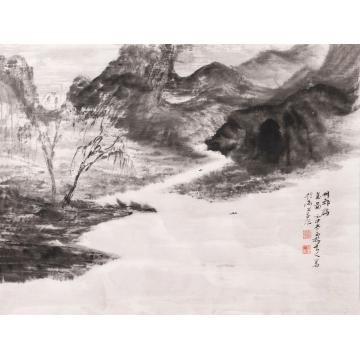 黄国锋国画山水柳邨诗意图字画之家