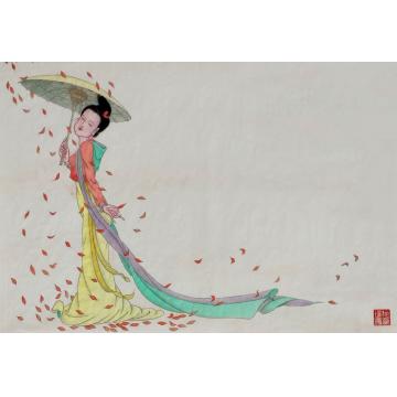 施瑞康国画人物落叶季节的花红字画之家