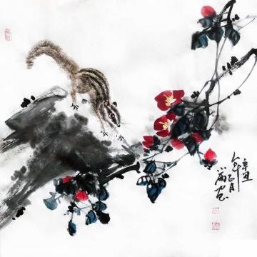 周小雨国画花鸟松鼠茶花树字画之家