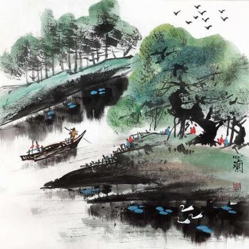 周心兰国画山水春江泛舟字画之家