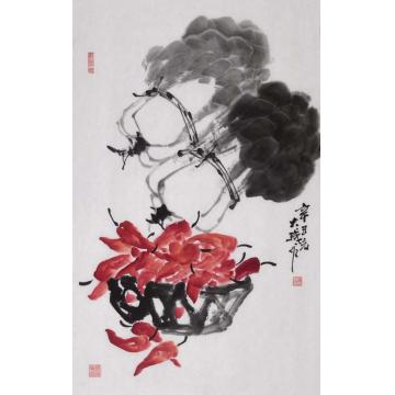 朱大成国画花鸟白菜红椒字画之家