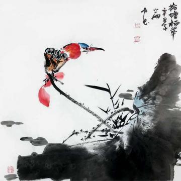 周小雨国画花鸟荷塘栖翠字画之家