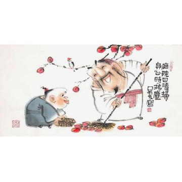 吴元国画人物庭院日清扫，身心时拂尘字画之家