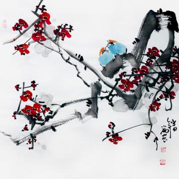 周小雨国画花鸟红梅双栖字画之家