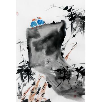 周小雨国画花鸟竹石双栖字画之家