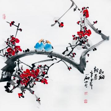 周小雨国画花鸟红梅报春字画之家