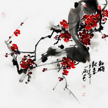 周小雨国画花鸟红梅报春字画之家