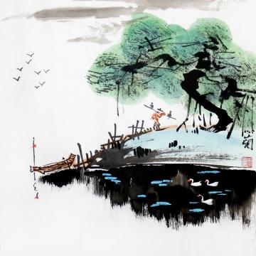 周心兰国画山水春江渔归字画之家