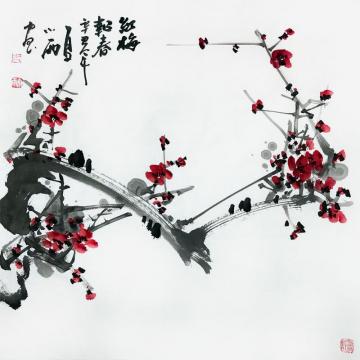 周小雨国画花鸟红梅报春字画之家