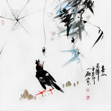 周小雨国画花鸟喜从天降字画之家