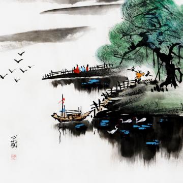 周心兰国画山水春江渔归字画之家