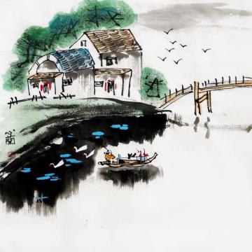 周心兰国画花鸟小桥流水人家字画之家